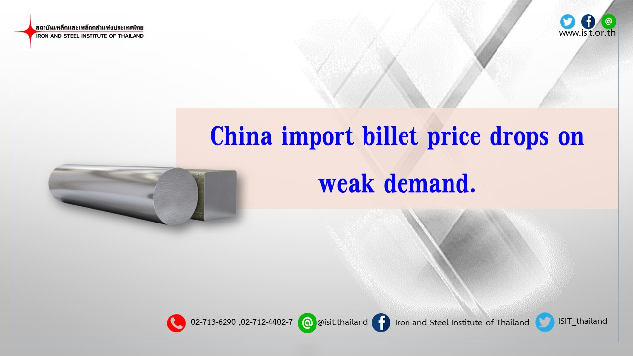 China import billet price drops on weak demand.